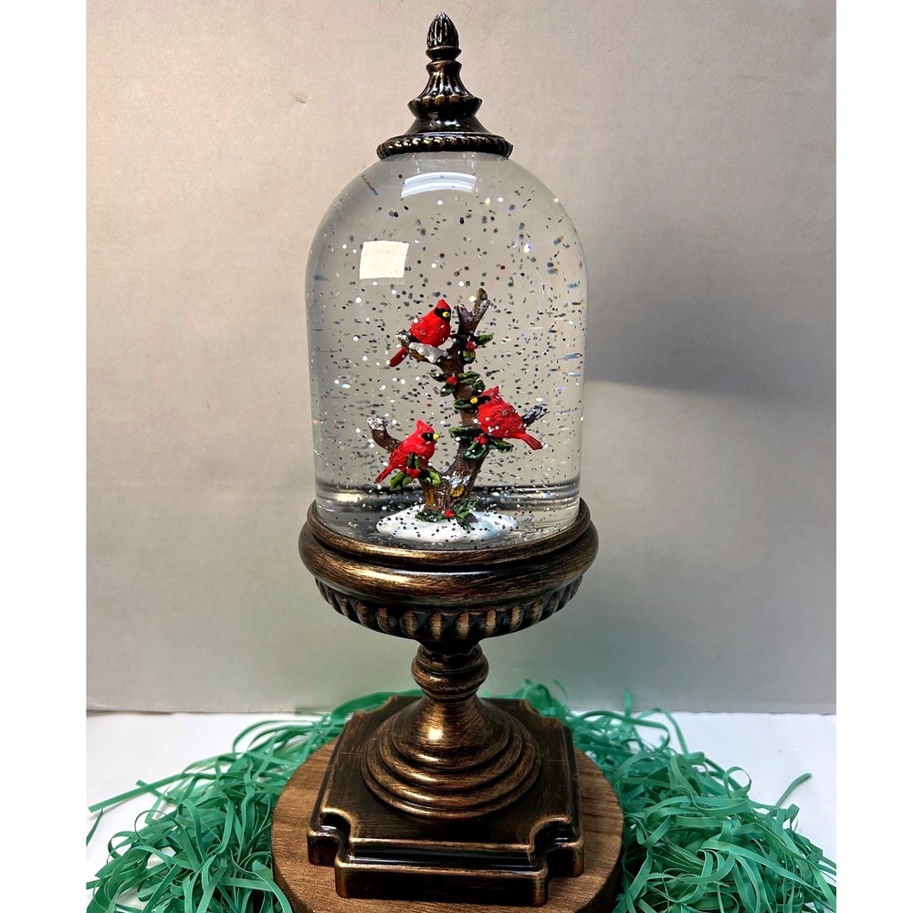 Cardinal Snow Globe Light Up Winter Decor Bronze Pedestal Base 12 Inch Cloche